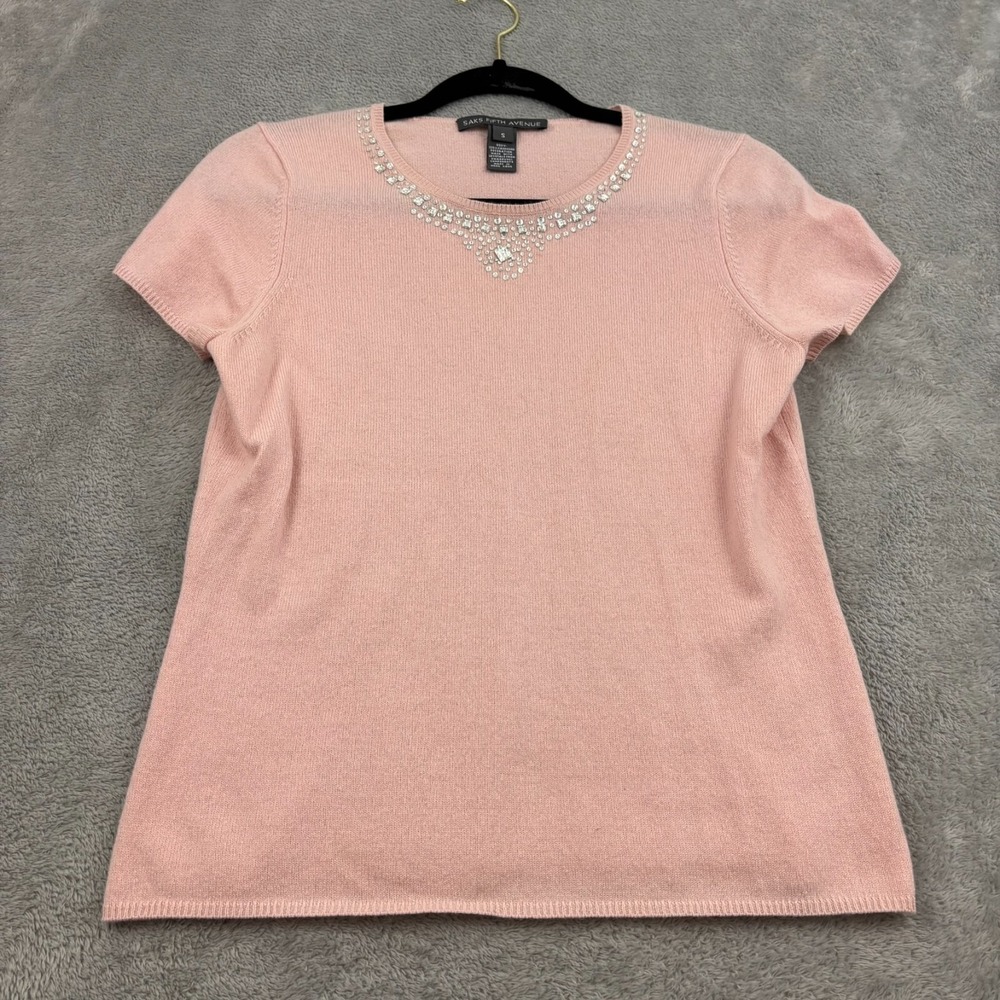 Saks Fifth Avenue Cashmere Swarovski Crystal Knit‎ Top Womens S Pink Glam Girl
